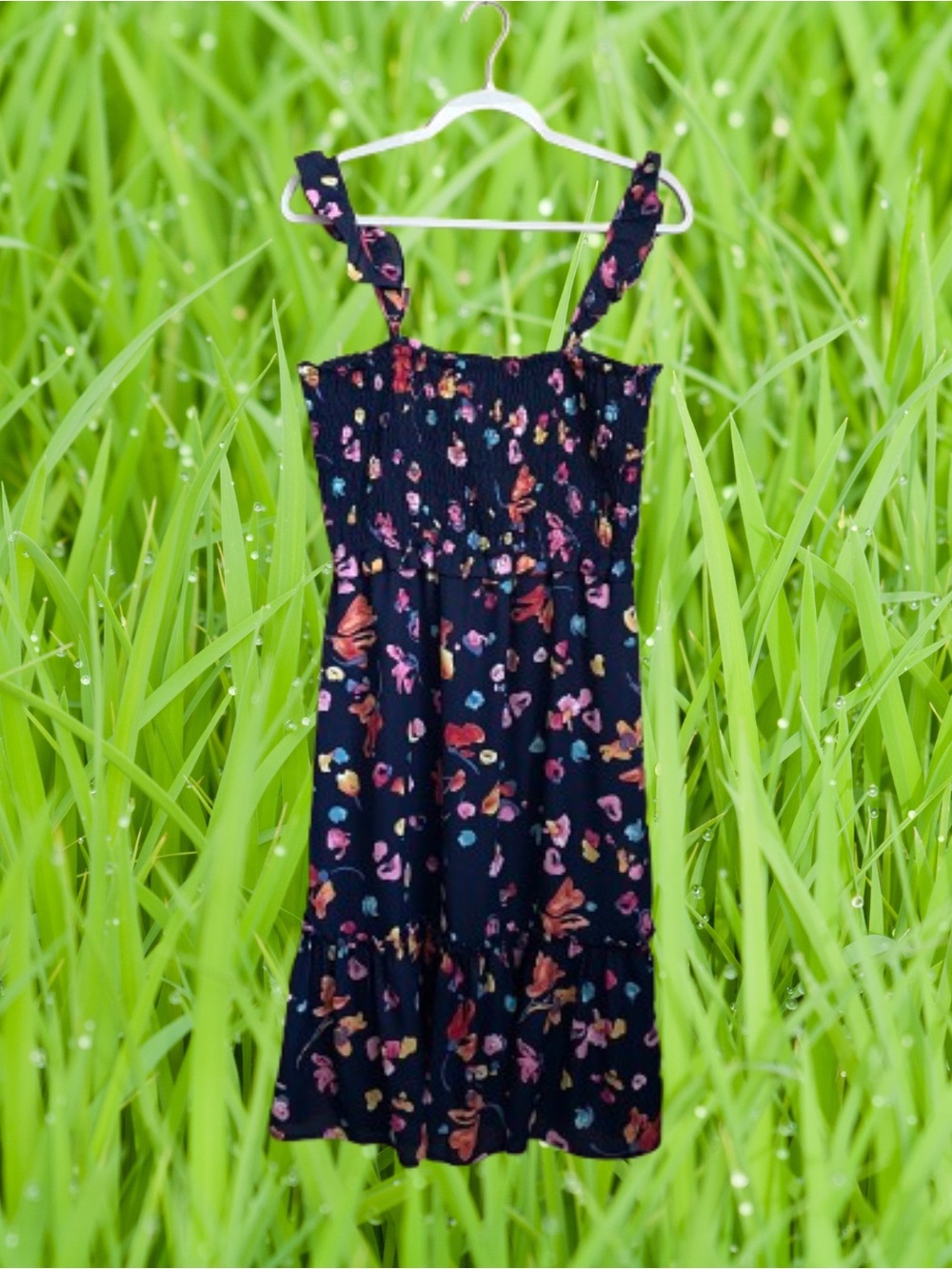Dark blue floral Superfoxx sundress ruffled hem smocking sz Medium READ